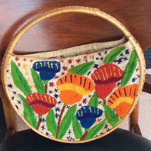 Vintage Hand Knitted Floral Round Basket Purse